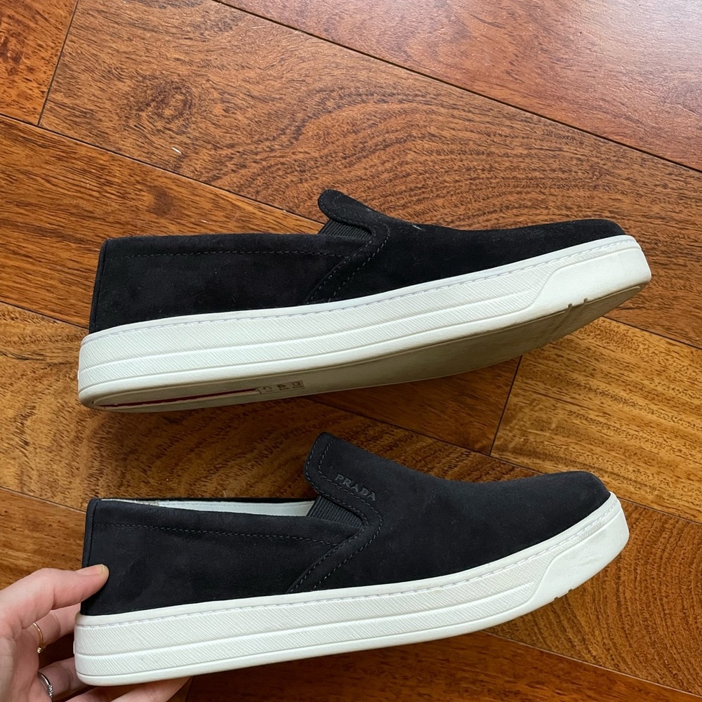 Prada suede black sneakers in size 37.  Worn once!